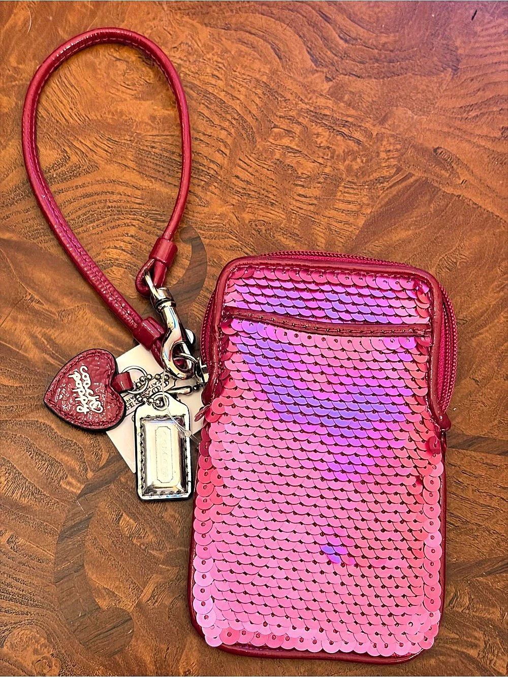Coach Uni Pop Sequin Case Pink & Burgundy Mini Bag NWT
